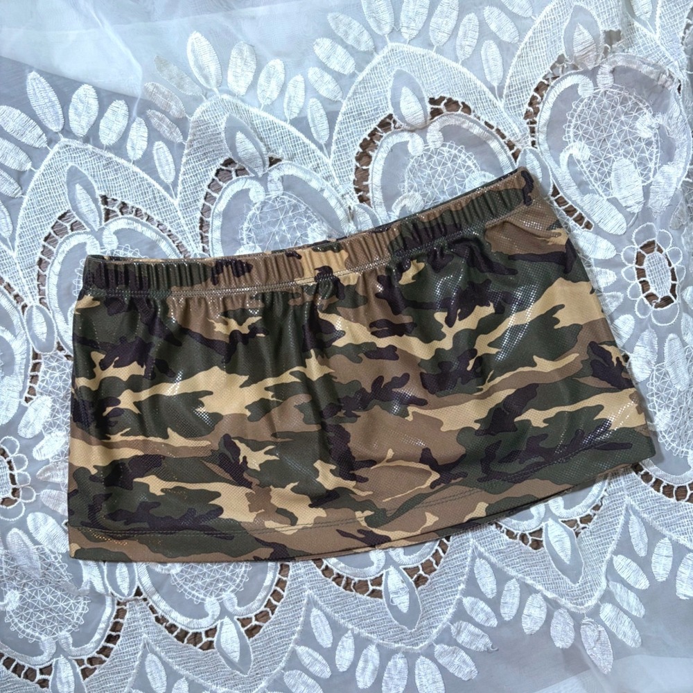 Y2K Micro Euro Camo Metallic Mini Skirt Camouflage Green Brown Medium USA